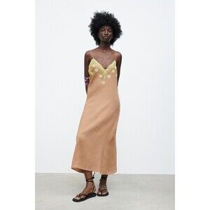 Brown Zara Linen Eyelet Embroidered V-Neck Spaghetti Strap Maxi Dress (NWT)